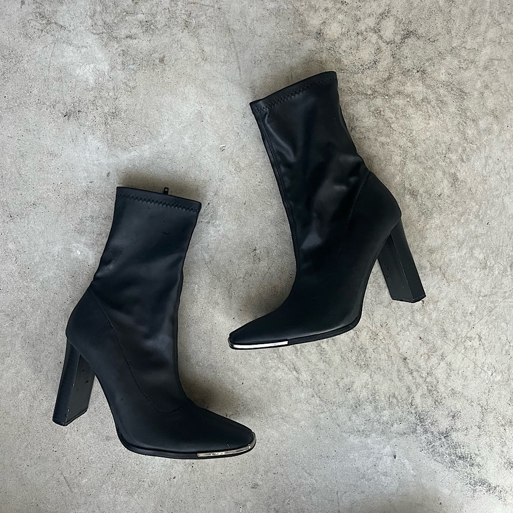 Public Desire Square Toe Heeled Ankle Boot, Vegan Leather, Sock Boots, Size 9